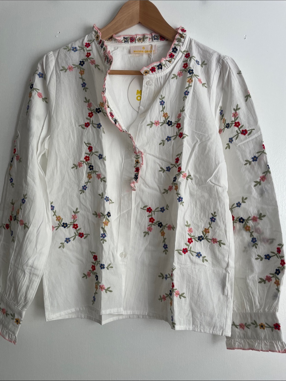 White Embroidered Ruffle Collar Blouse
